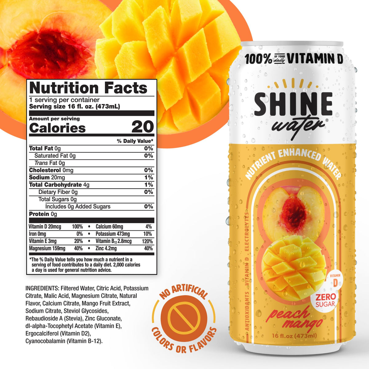 Closeup of ShineWater Peach Mango label showing natural ingredients.