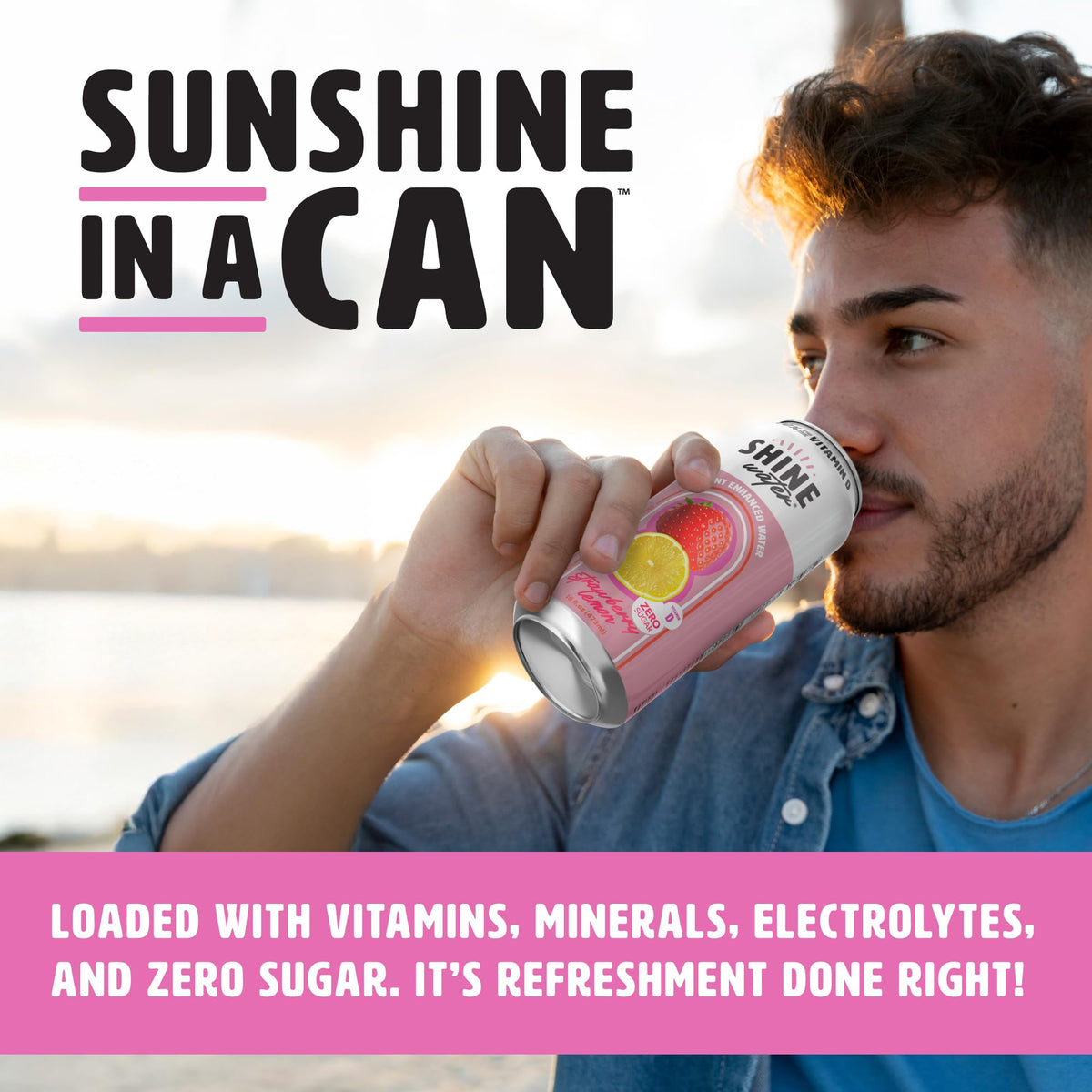 ShineWater Strawberry Lemon can shows vibrant flavor and zero-sugar hydration.