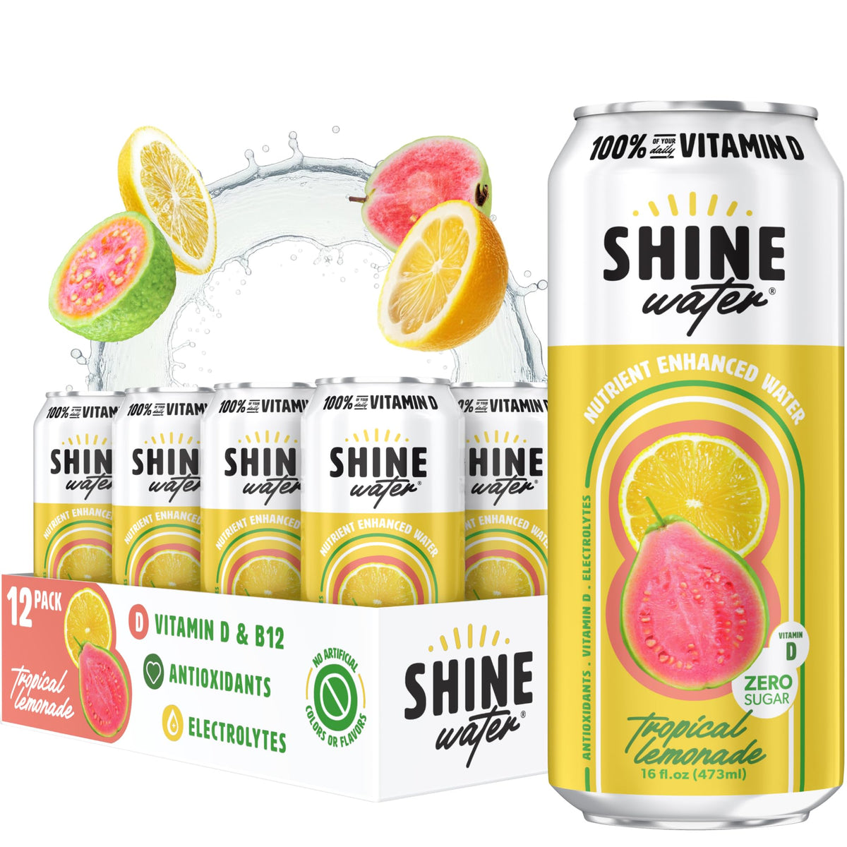 ShineWater Tropical Lemonade bottle with electrolytes and vitamin D for daily hydration.