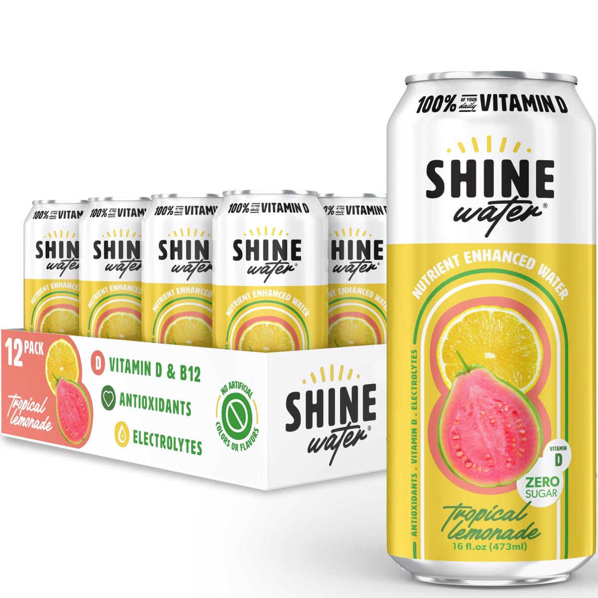 ShineWater USA-made packaging emphasizes gluten-free, Kosher hydration.