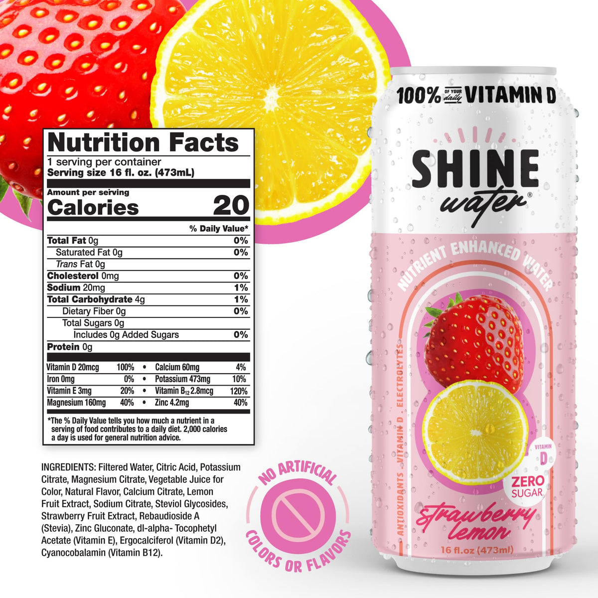 ShineWater vitamin D electrolyte ingredients panel with magnesium and zinc for balanced hydration.