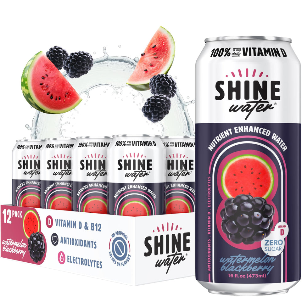 ShineWater Watermelon Blackberry bottle with crisp, refreshing hydration and no sugar.