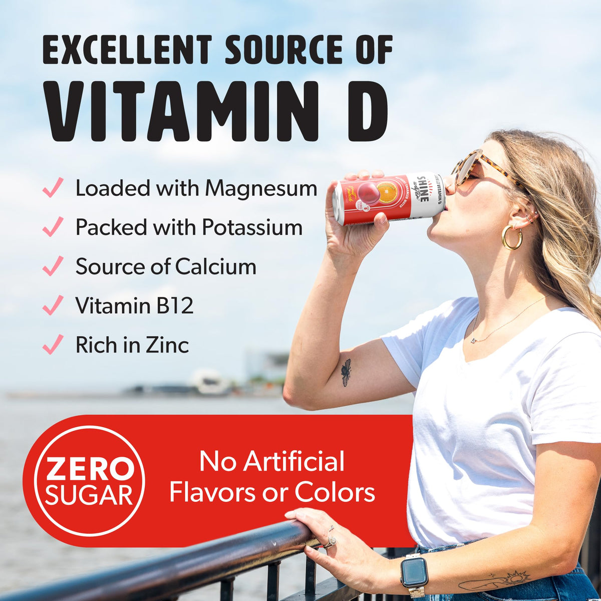 ShineWater Zero Sugar can label emphasizing low calories for on-the-go refreshment.