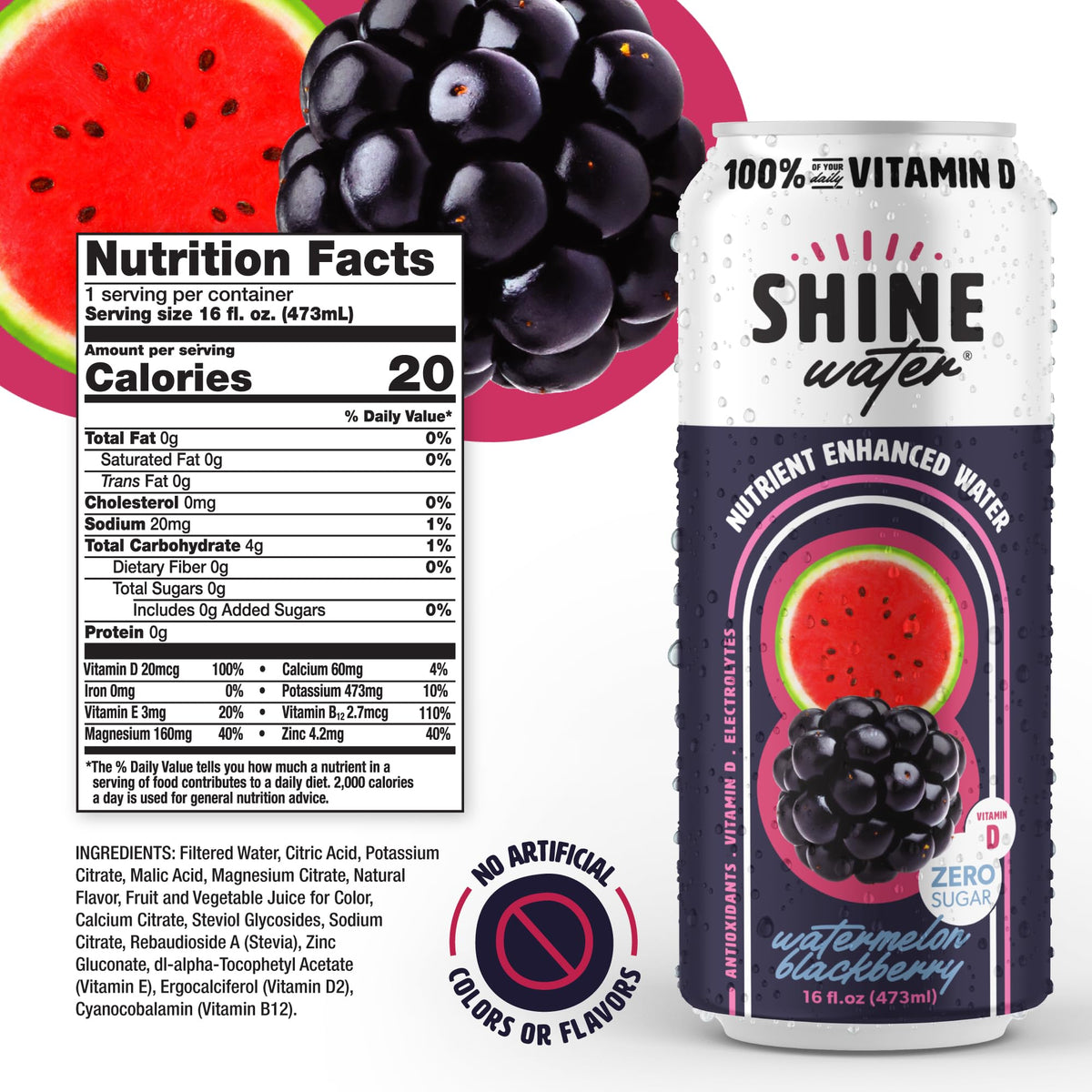 ShineWater Zero Sugar Low Calorie can for flavorful, light hydration.