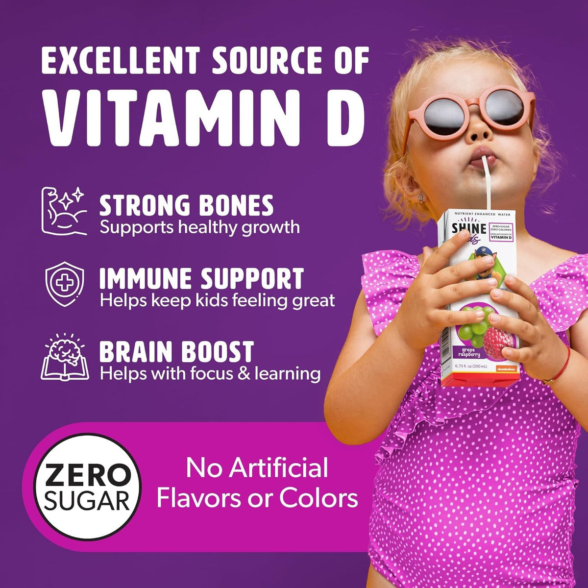 ShineWater zero sugar symbol on packaging for flavor without added sugar