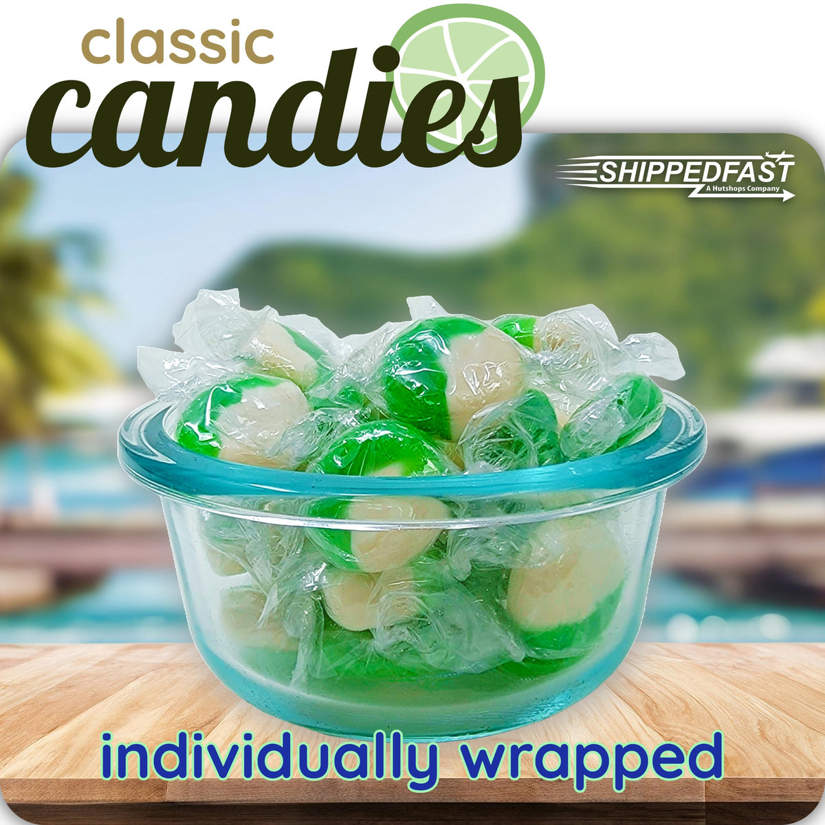 Close-up of glossy lime discs; slow-dissolving texture enhances flavor.