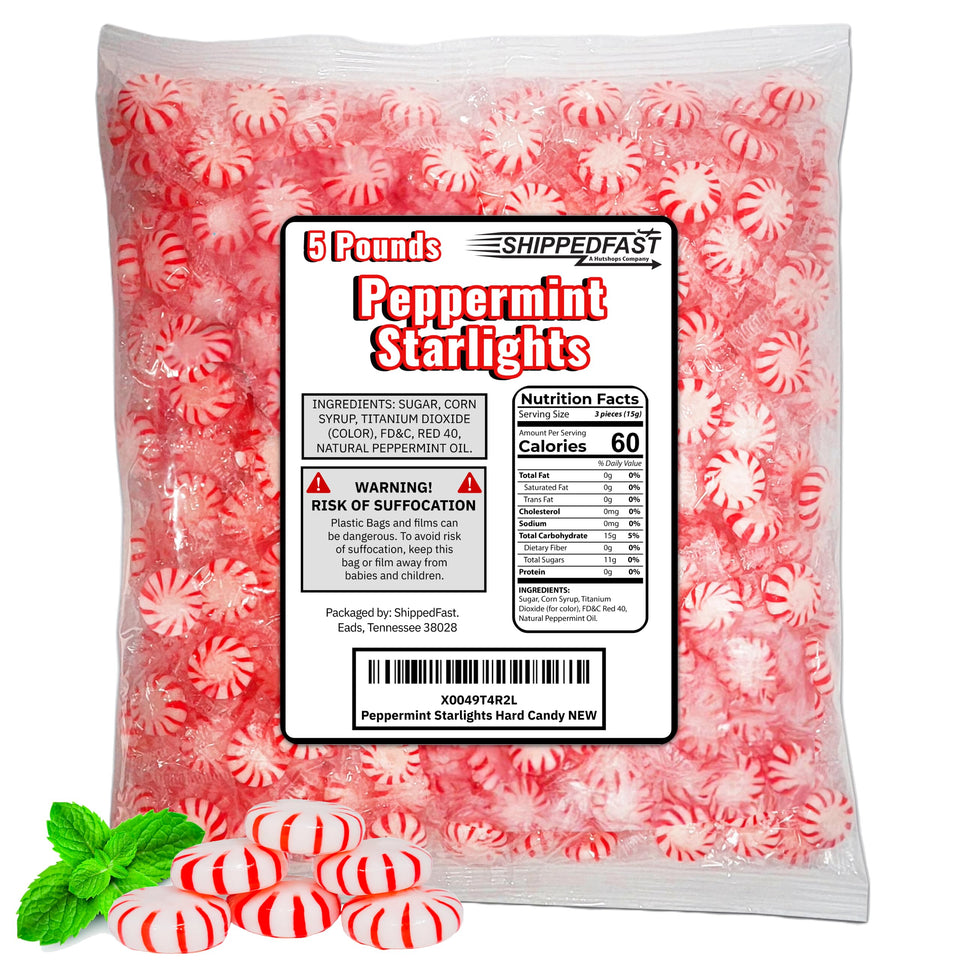 Shippedfast Peppermint Starlights candy packaging highlights bulk value and freshness.