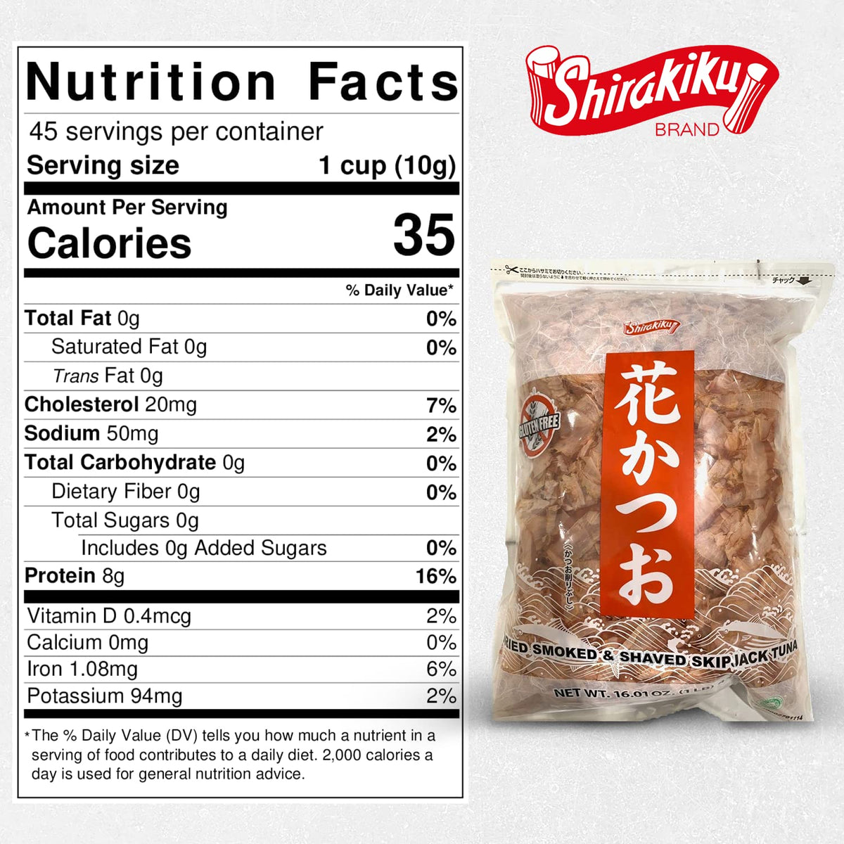 Shirakiku 16-ounce resealable package keeps flavor fresh.