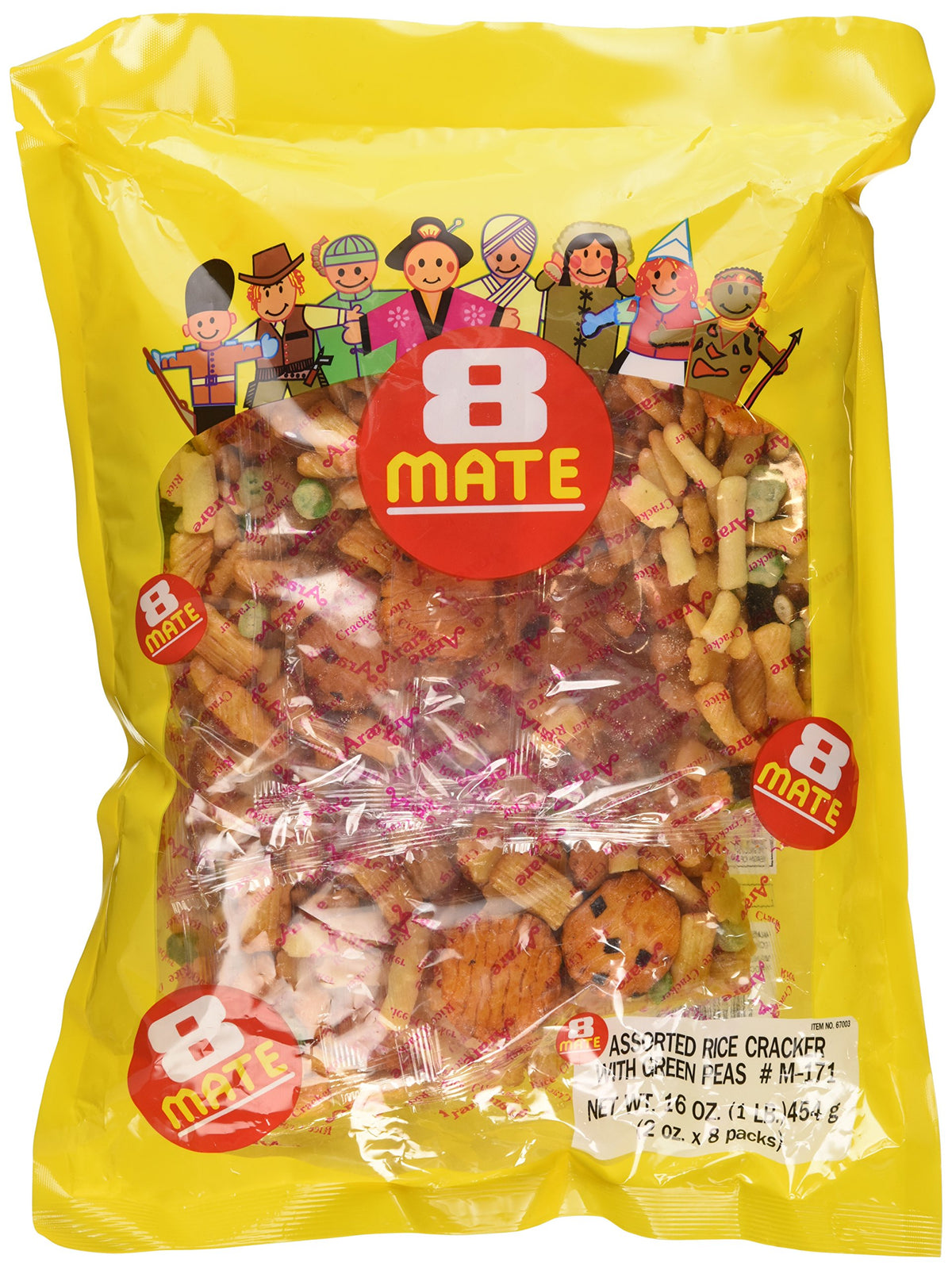 Shirakiku 8 Mate Arare assorted rice crackers with green peas, crisp snack for sharing.