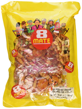 Shirakiku 8 Mate Arare assorted rice crackers with green peas, crisp snack for sharing.