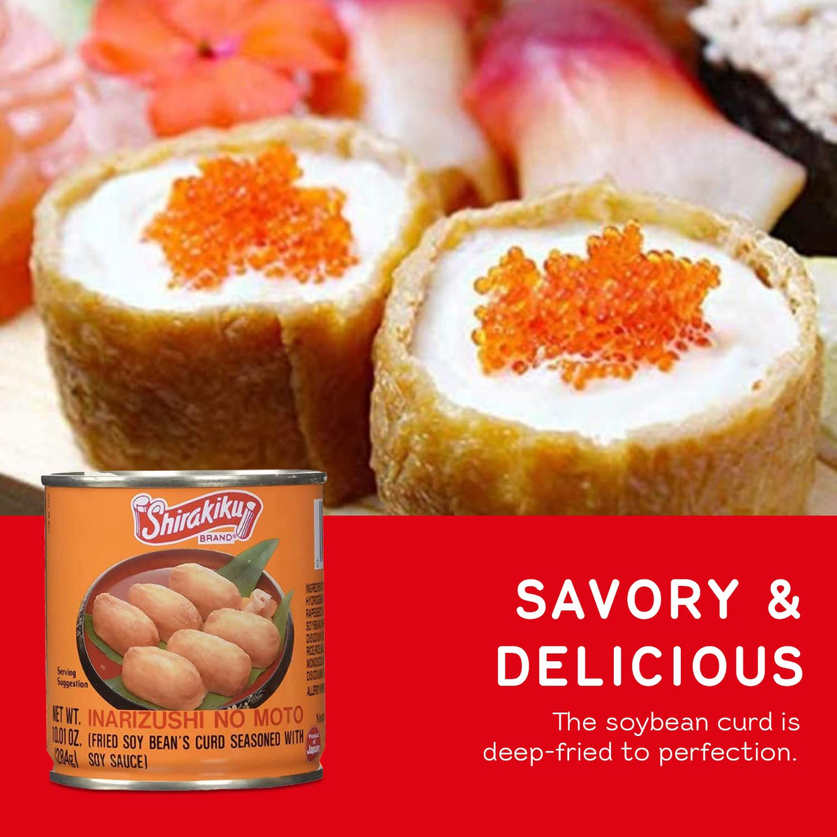 Shirakiku Inarizushi No Moto ingredients graphic featuring natural soy bean curd components
