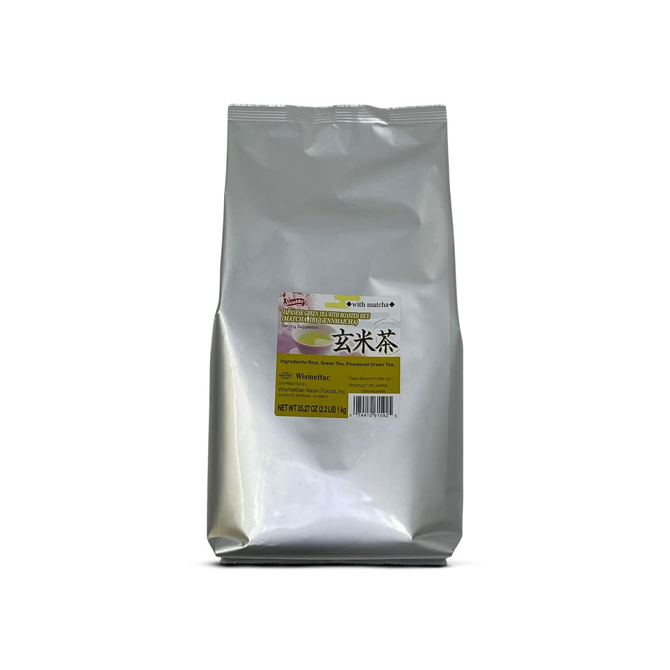 Shirakiku Iri Genmaicha loose leaf tea with vibrant leaves for mindful ritual