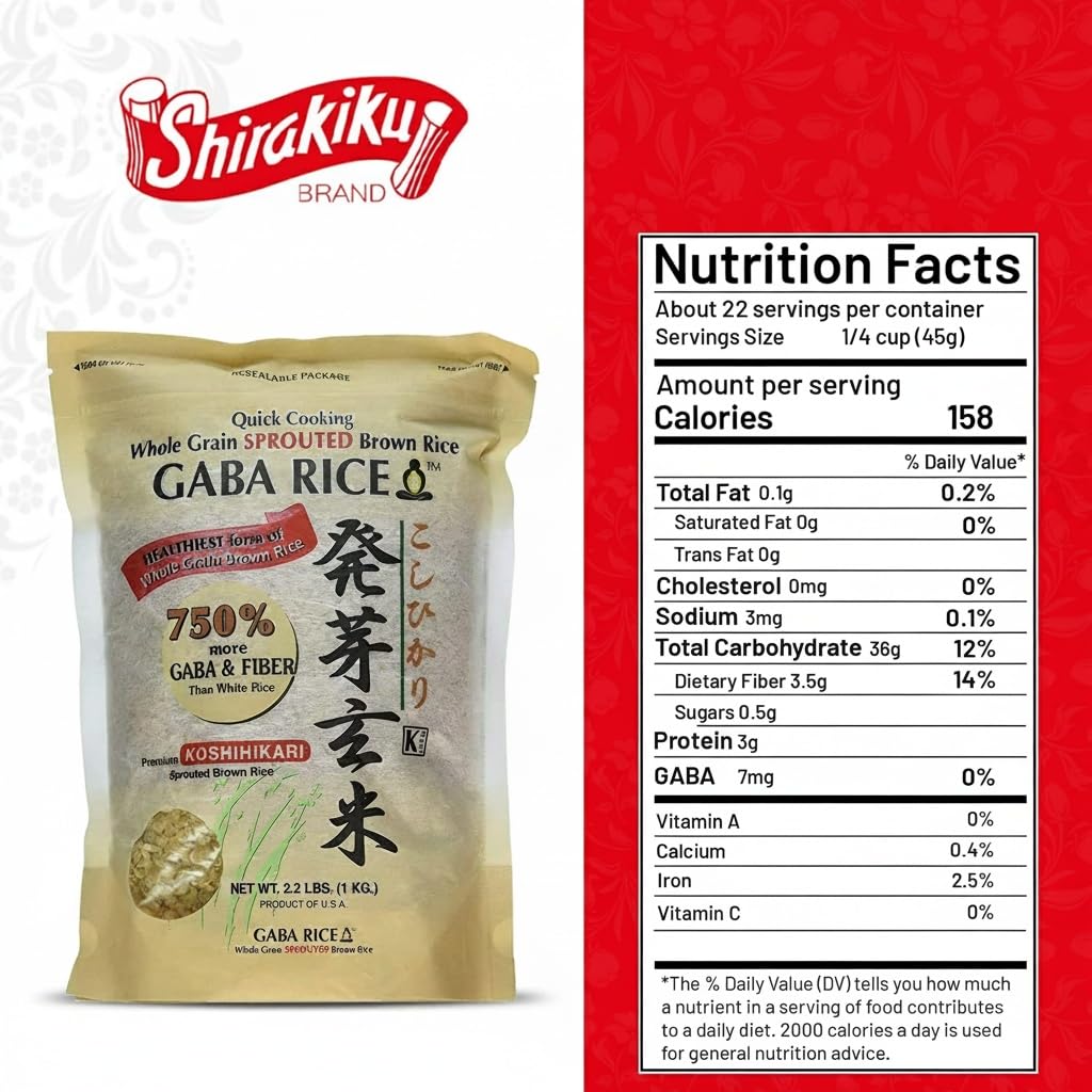 Shirakiku Koshihikari sprouted rice grains close-up highlight nutty texture.
