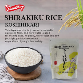 Shirakiku Koshihikari sushi preparation with pearly soft grains.