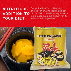 Shirakiku pickled radish takuwan in a bento setup provides crisp texture