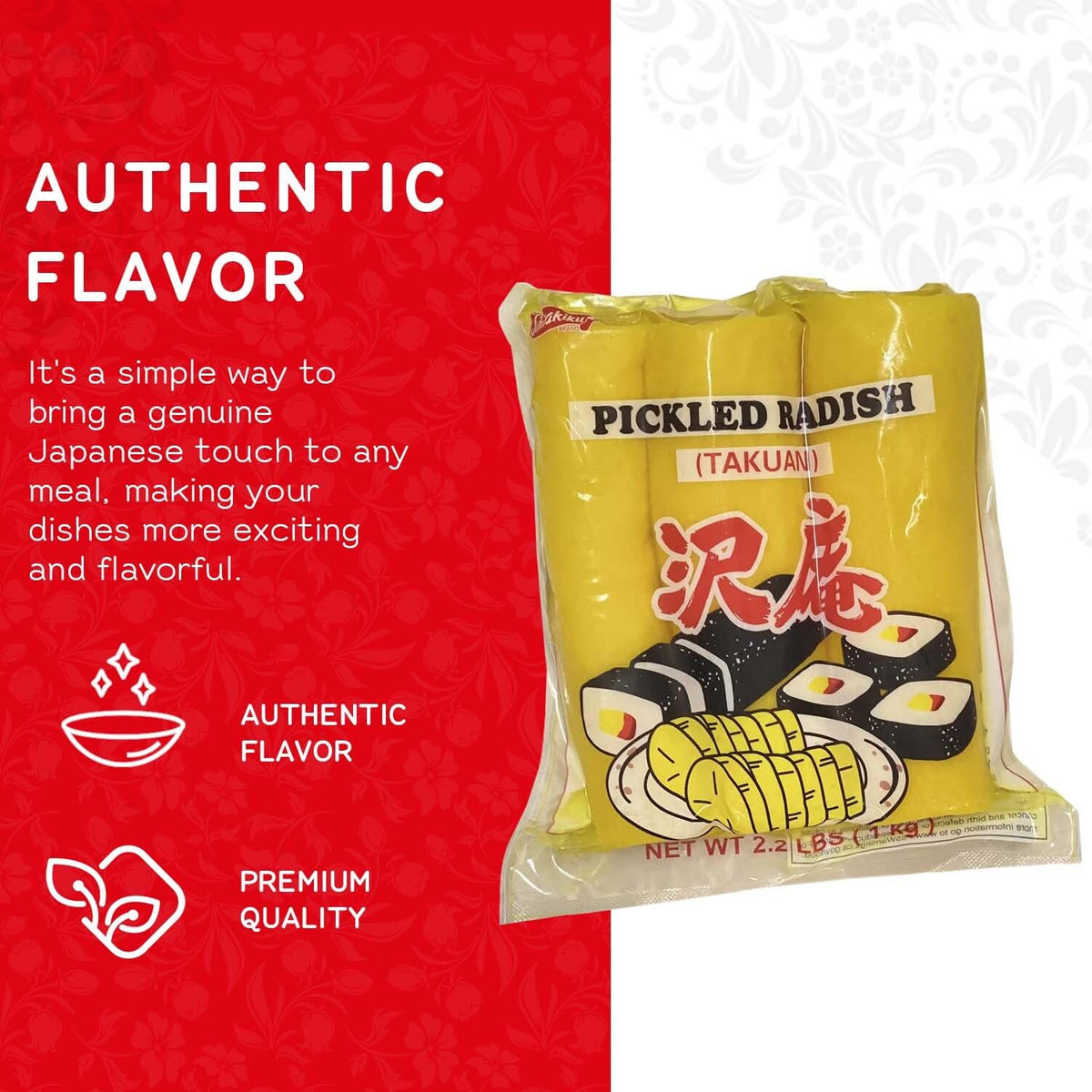 Shirakiku pickled radish takuwan beside sushi boosts flavor contrast
