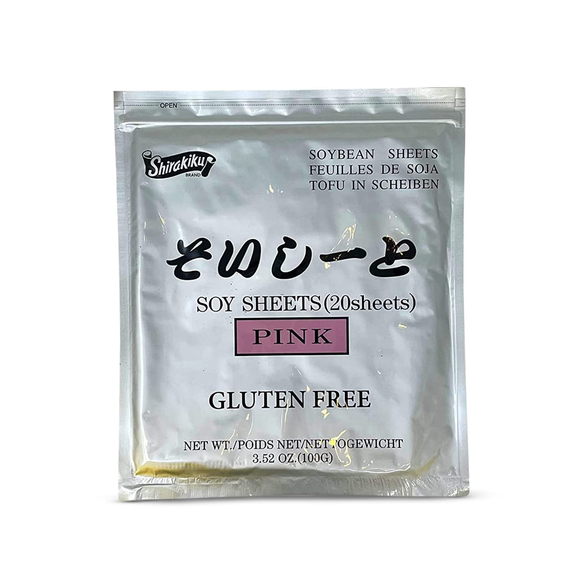 Shirakiku pink sushi wraps packaging highlighting gluten-free sheets for easy sushi prep.