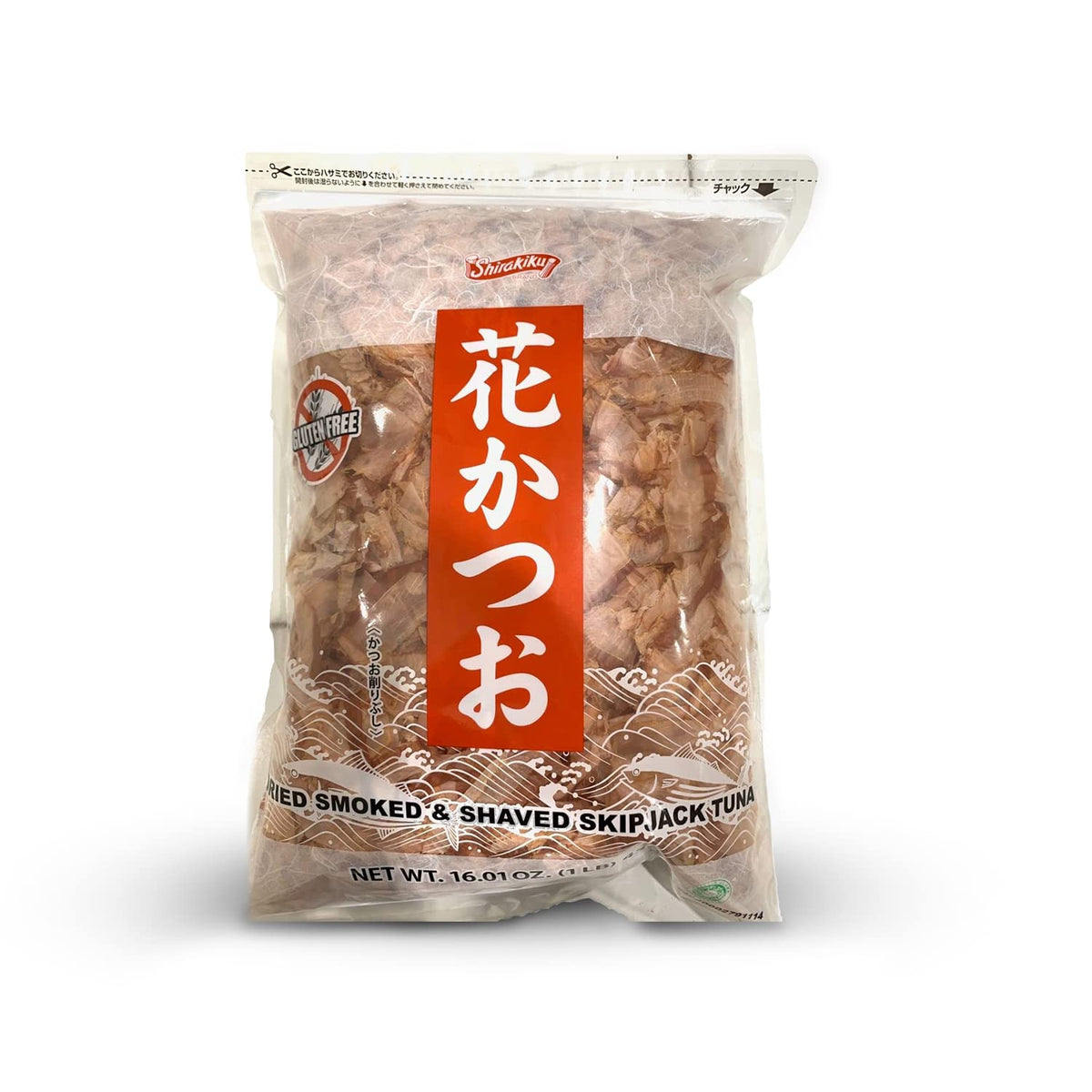 Shirakiku premium dried bonito flakes in resealable bag for rich dashi stock.