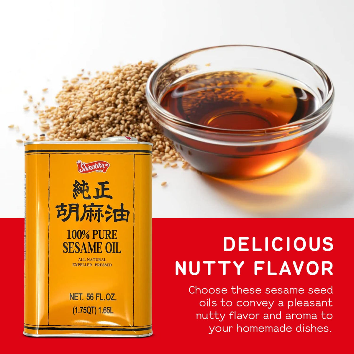 Shirakiku sesame oil kitchen uses image suggests sauces and marinades enhanced by sesame