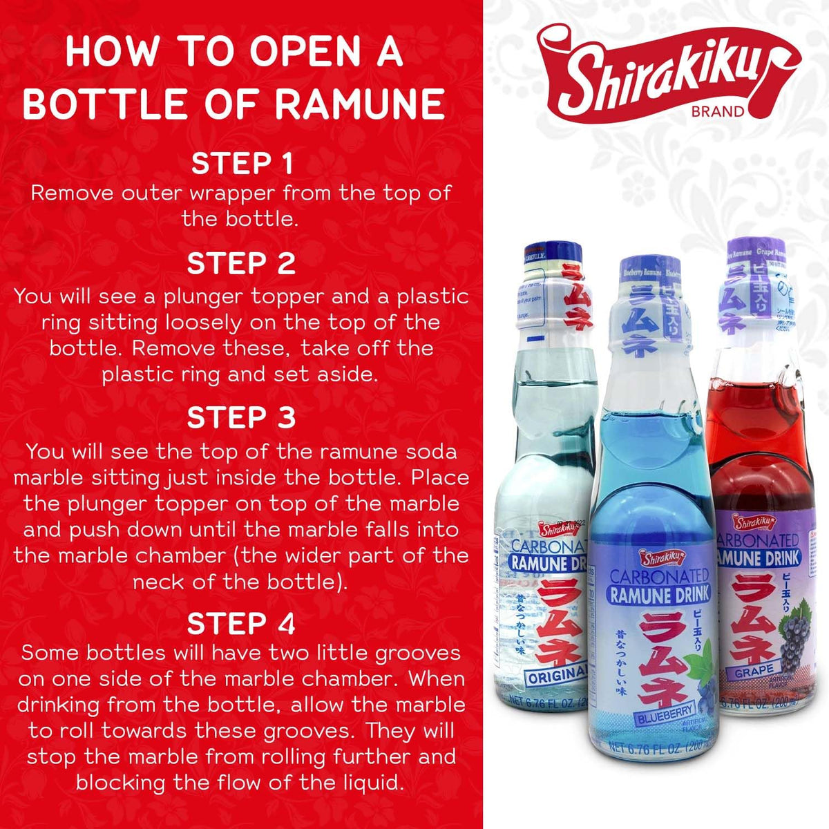 SHIRAKIKU BRAND Ramune flavors assortment highlights bright labels and bubbly texture.