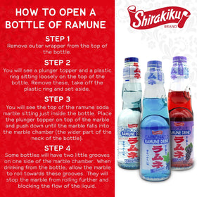 SHIRAKIKU BRAND Ramune flavors assortment highlights bright labels and bubbly texture.