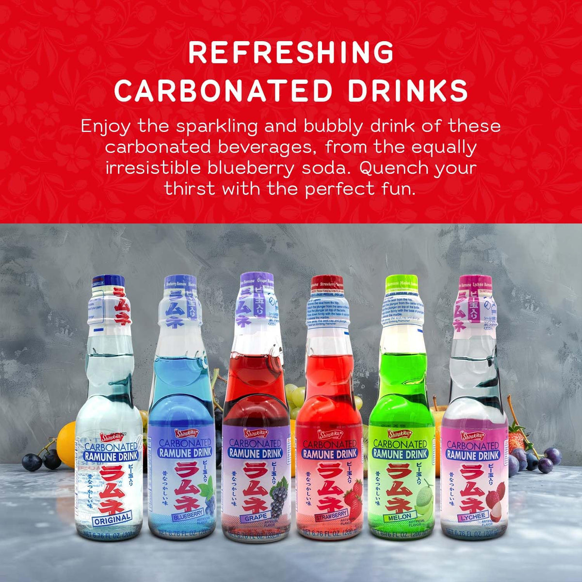 SHIRAKIKU BRAND Ramune label closeup shows vibrant packaging and premium glass bottle.
