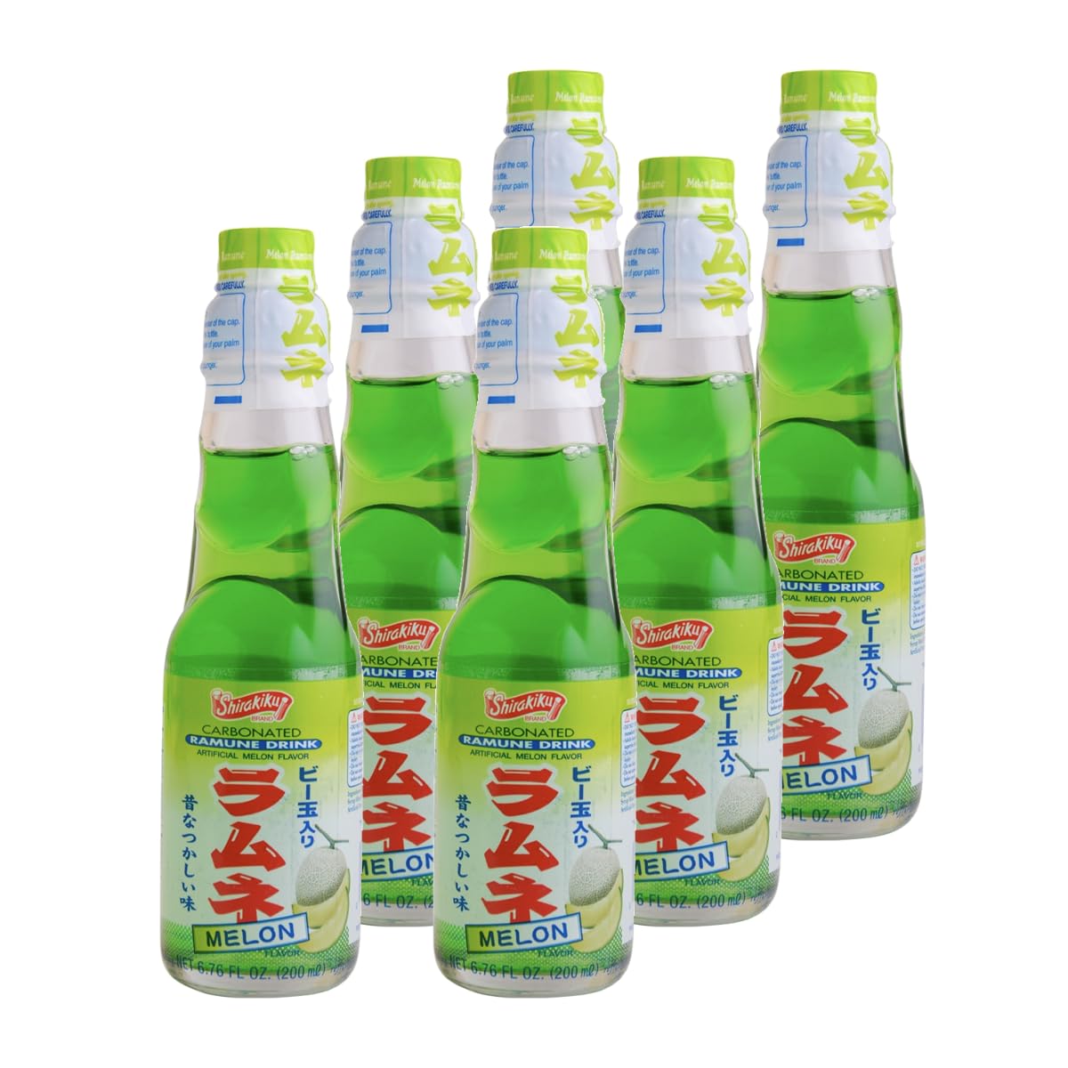 Shirakiku Ramune Melon marble bottle showing bright fizz and refreshing aroma.