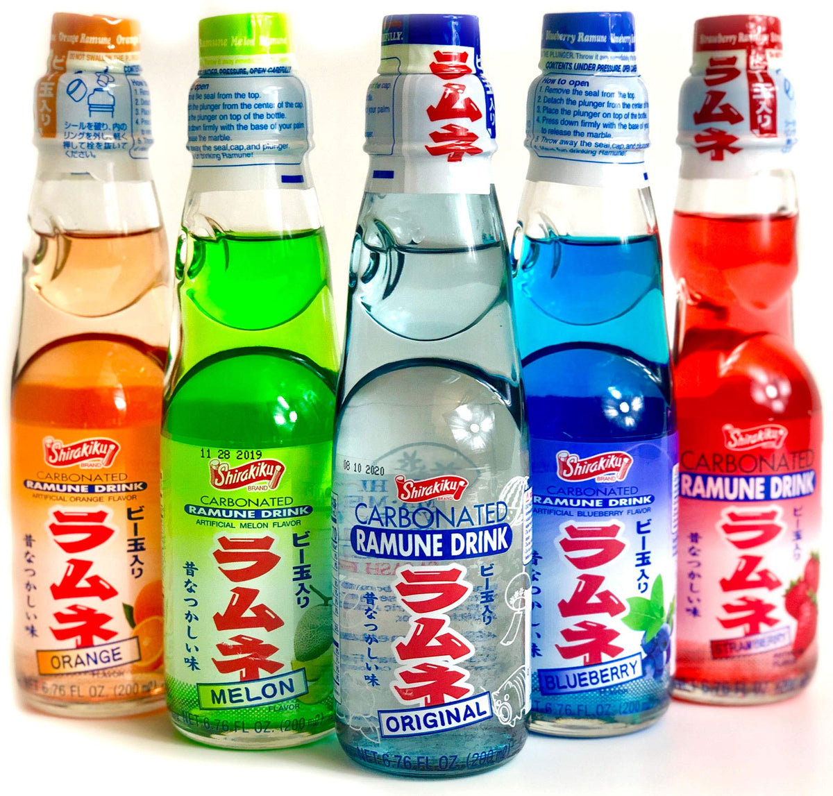 Shirakiku Ramune Variety Pack: five glass bottles with assorted flavors for refreshing moments