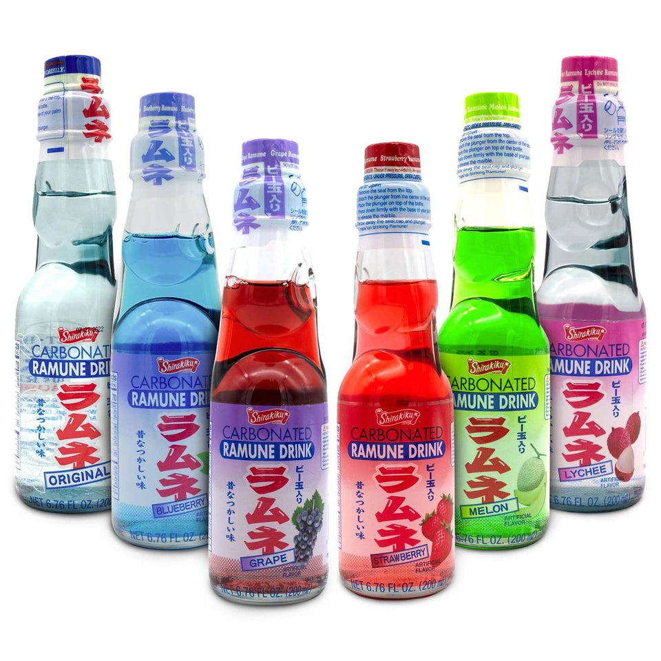 SHIRAKIKU BRAND Ramune variety pack bottles showcase colorful flavors for sharing moments.