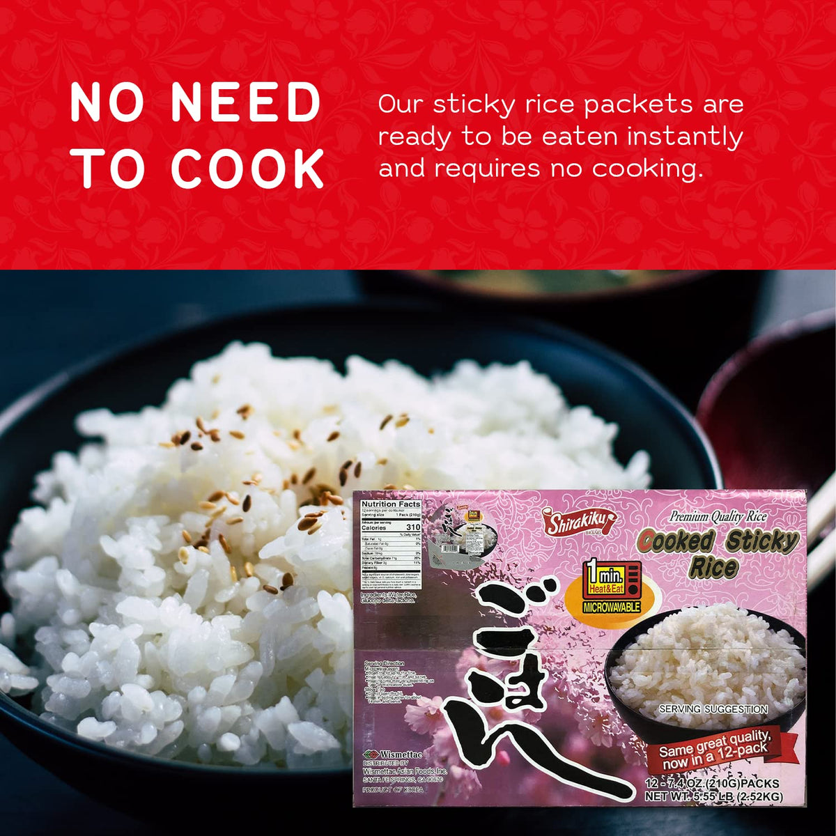 Shirakiku twelve-pack rice—ready in 90 seconds.