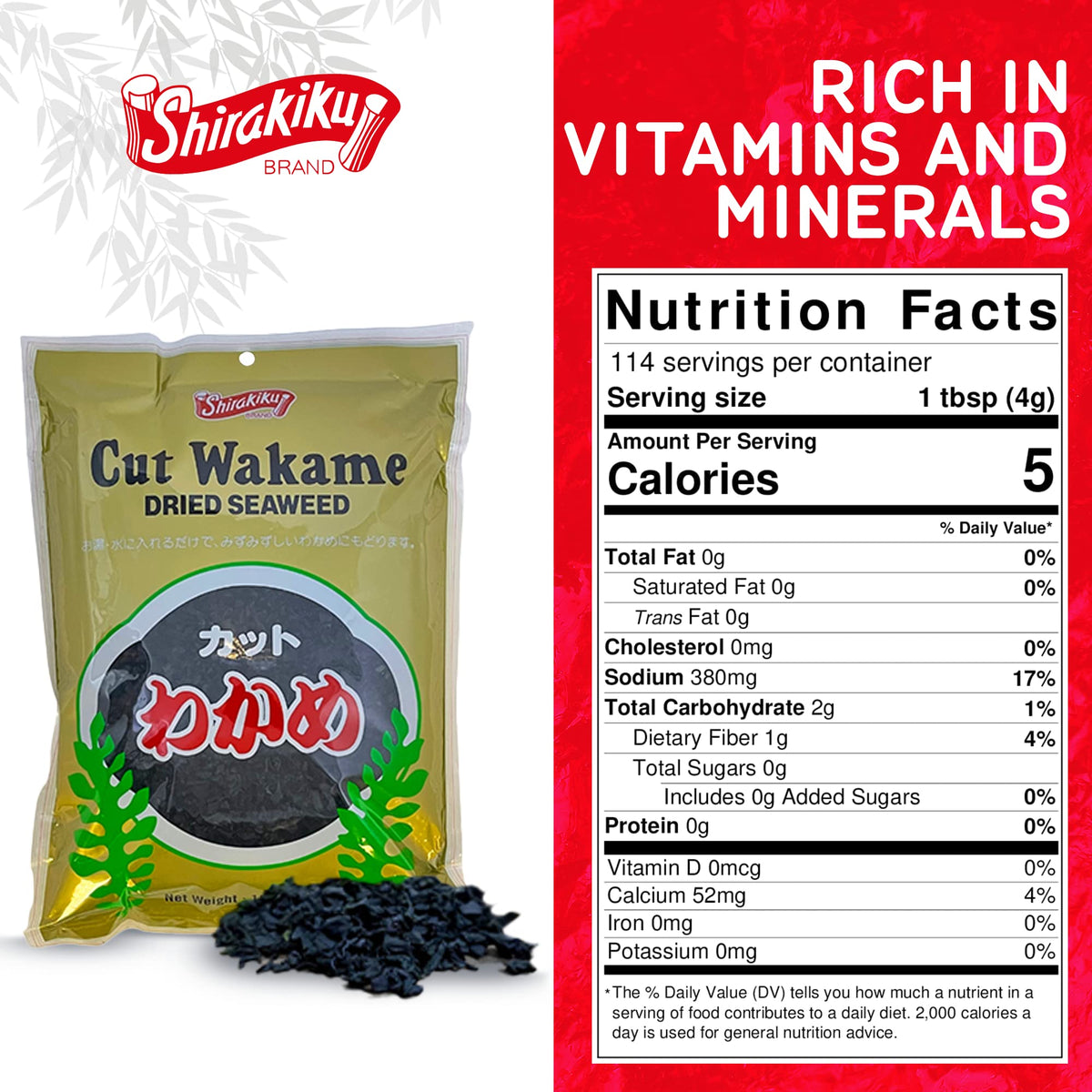 Shirakiku wakame in a resealable bag preserves freshness.