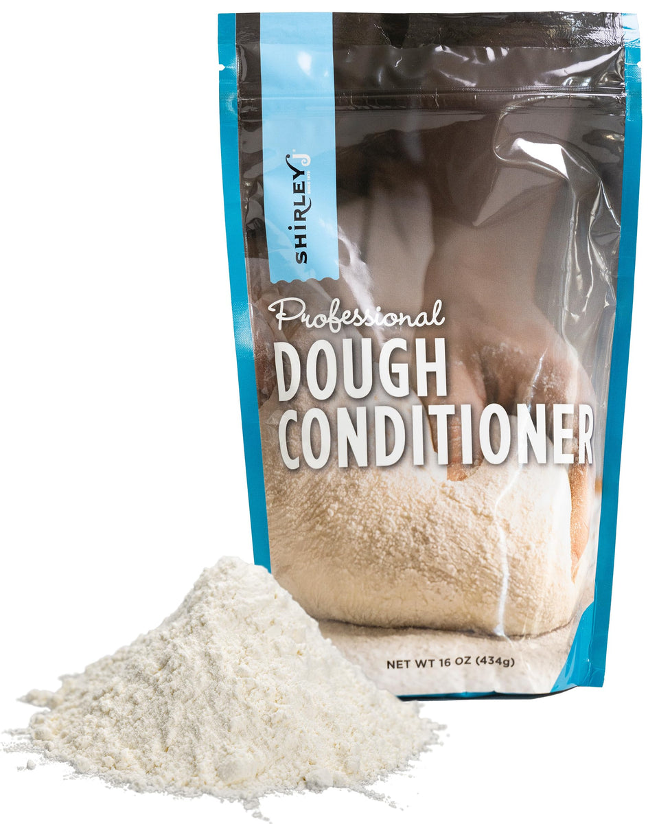 Shirley J dough conditioner bottle pour for easy mixing and improved rise.