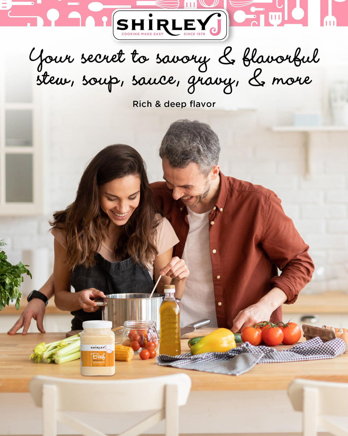 Shirley J Rich Beef Bouillon Powder packaging on shelf highlights low-sodium formula.