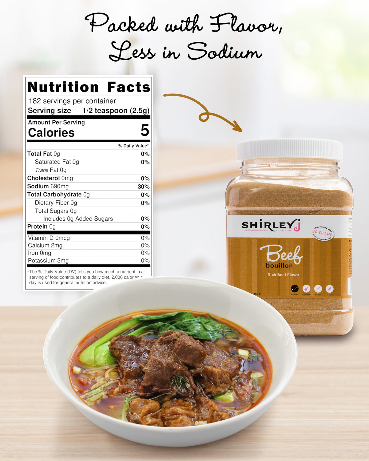 Shirley J Rich Beef Bouillon Powder dissolving in hot water to create quick broth.
