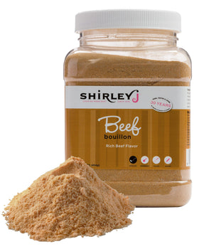Shirley J Rich Beef Bouillon Powder jar, front view, showing rich flavor potential.