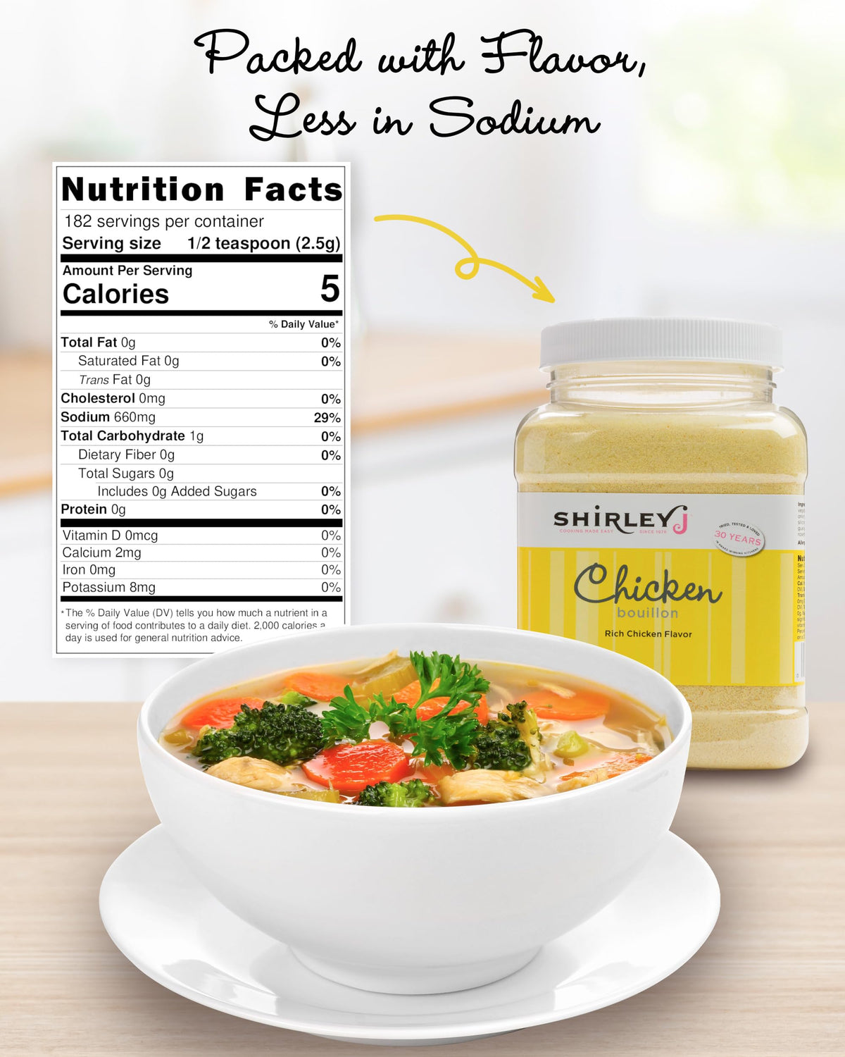 Shirley J Rich Chicken Bouillon Powder dissolving in water for instant gourmet broth
