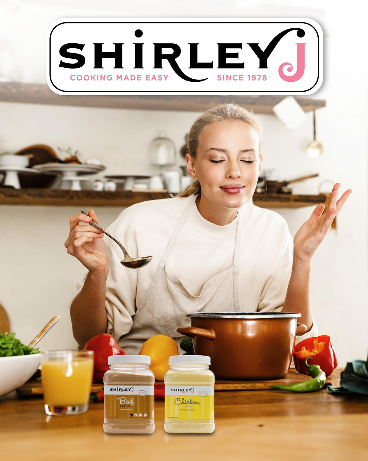Shirley J Rich Chicken Bouillon Powder jar showing long shelf life and ready-to-use convenience
