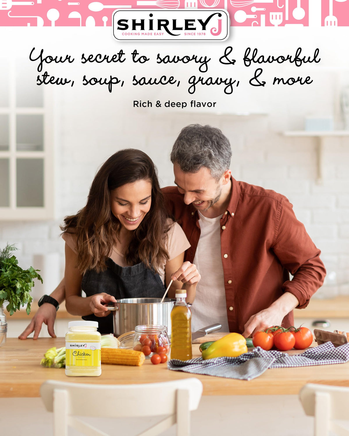 Shirley J Rich Chicken Bouillon Powder packaging highlighting space-saving stock alternative