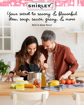 Shirley J Rich Chicken Bouillon Powder packaging highlighting space-saving stock alternative