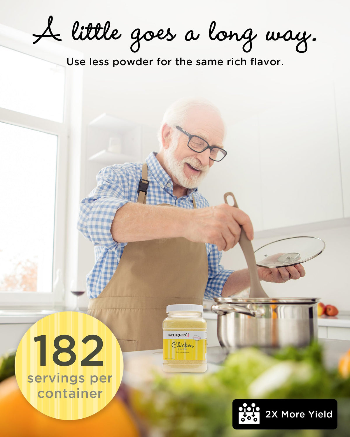 Shirley J Rich Chicken Bouillon Powder in steaming soup bowl for bold flavor in seconds