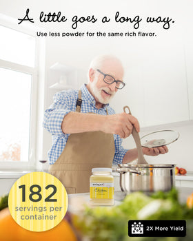Shirley J Rich Chicken Bouillon Powder in steaming soup bowl for bold flavor in seconds