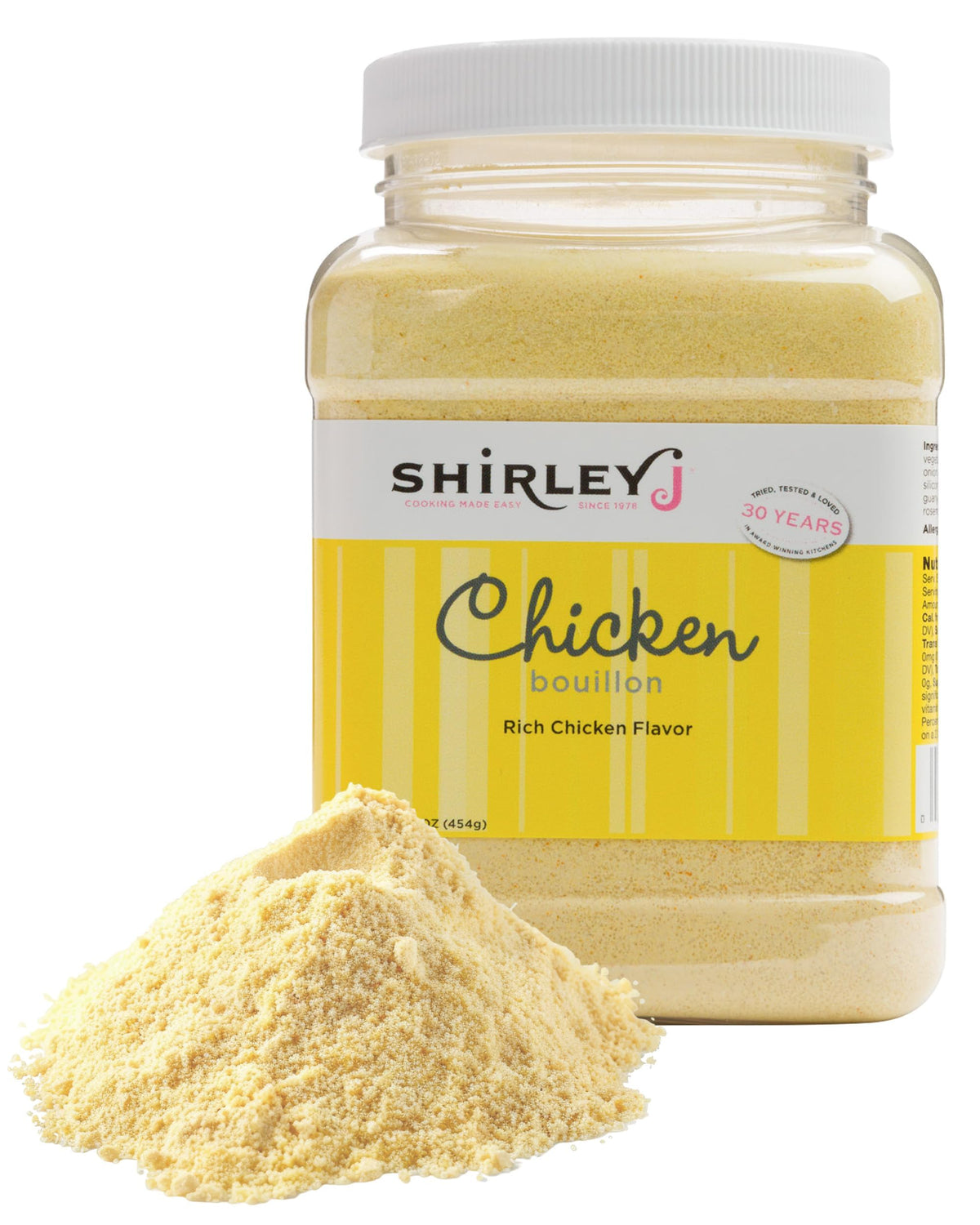Shirley J Rich Chicken Bouillon Powder in tub close-up showing easy-dissolve flavor boost for soups