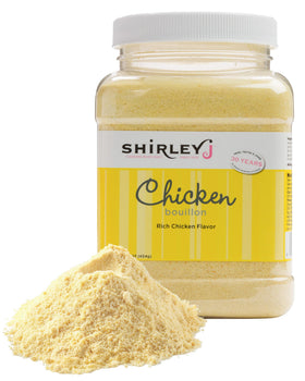 Shirley J Rich Chicken Bouillon Powder in tub close-up showing easy-dissolve flavor boost for soups