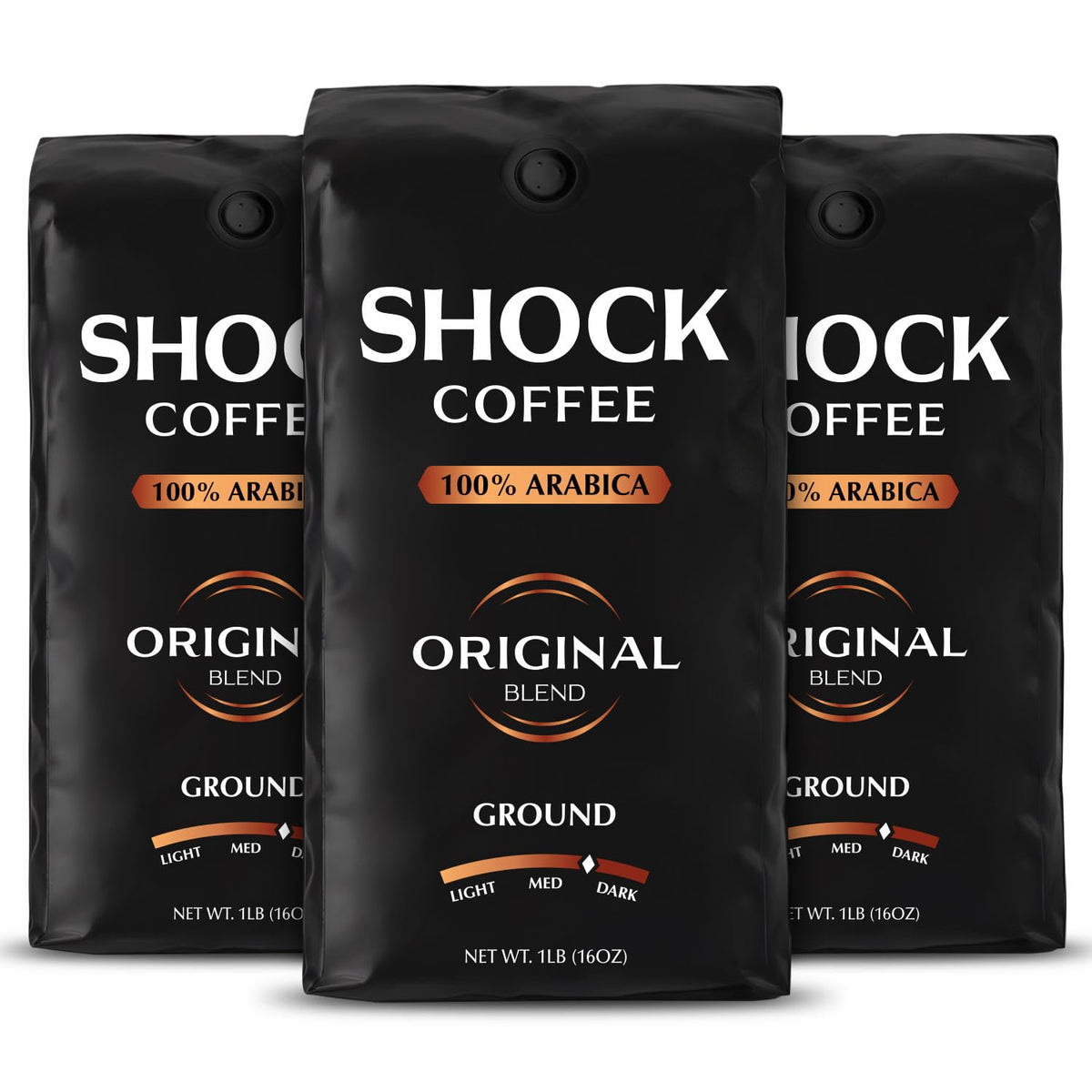 Shock Coffee Ground front bag shows bold, all-natural blend for lasting energy.