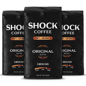 Shock Coffee Ground front bag shows bold, all-natural blend for lasting energy.