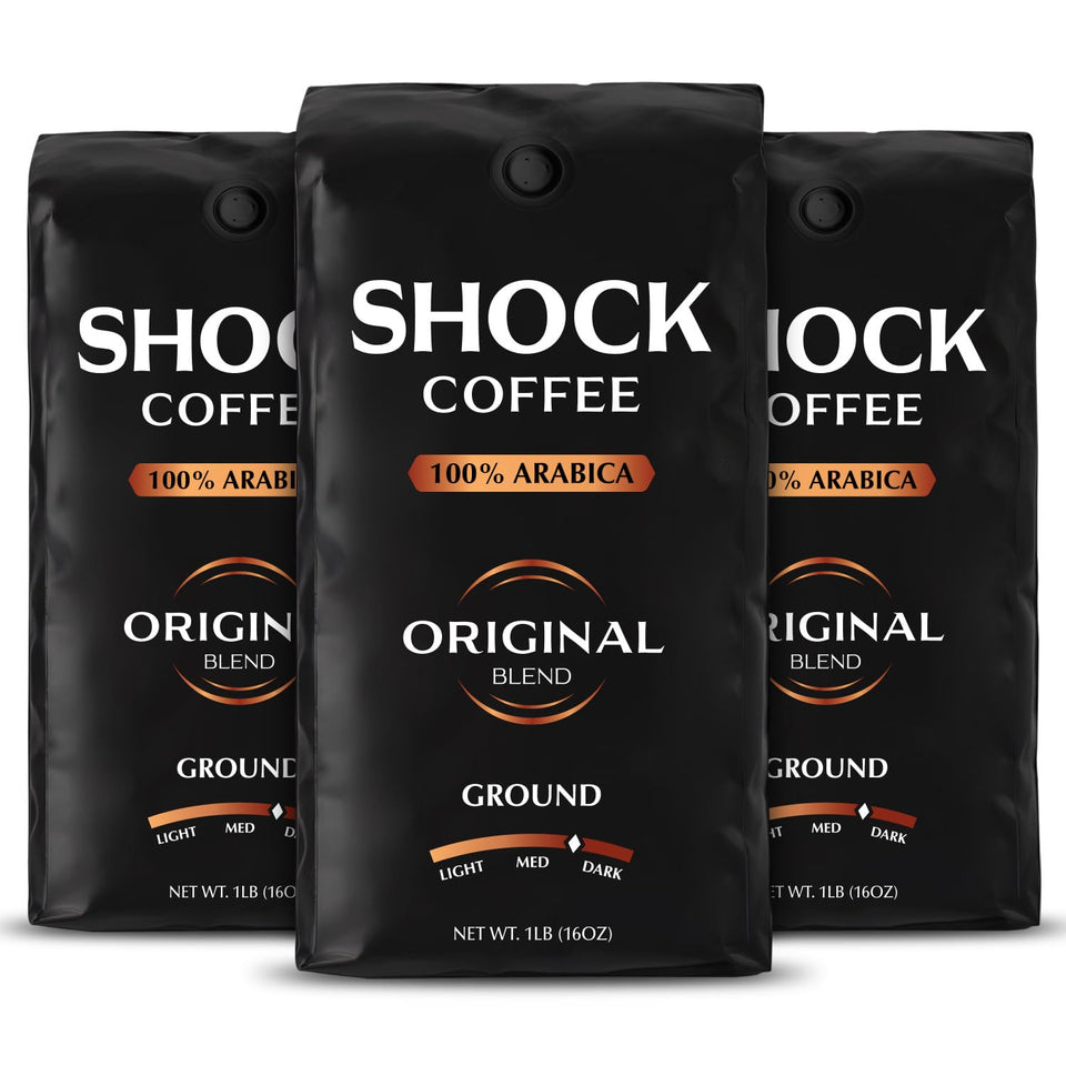 Shock Coffee Ground front bag shows bold, all-natural blend for lasting energy.