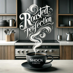 Shock Coffee Ground grind closeup highlights 100% Arabica notes and bold flavor.
