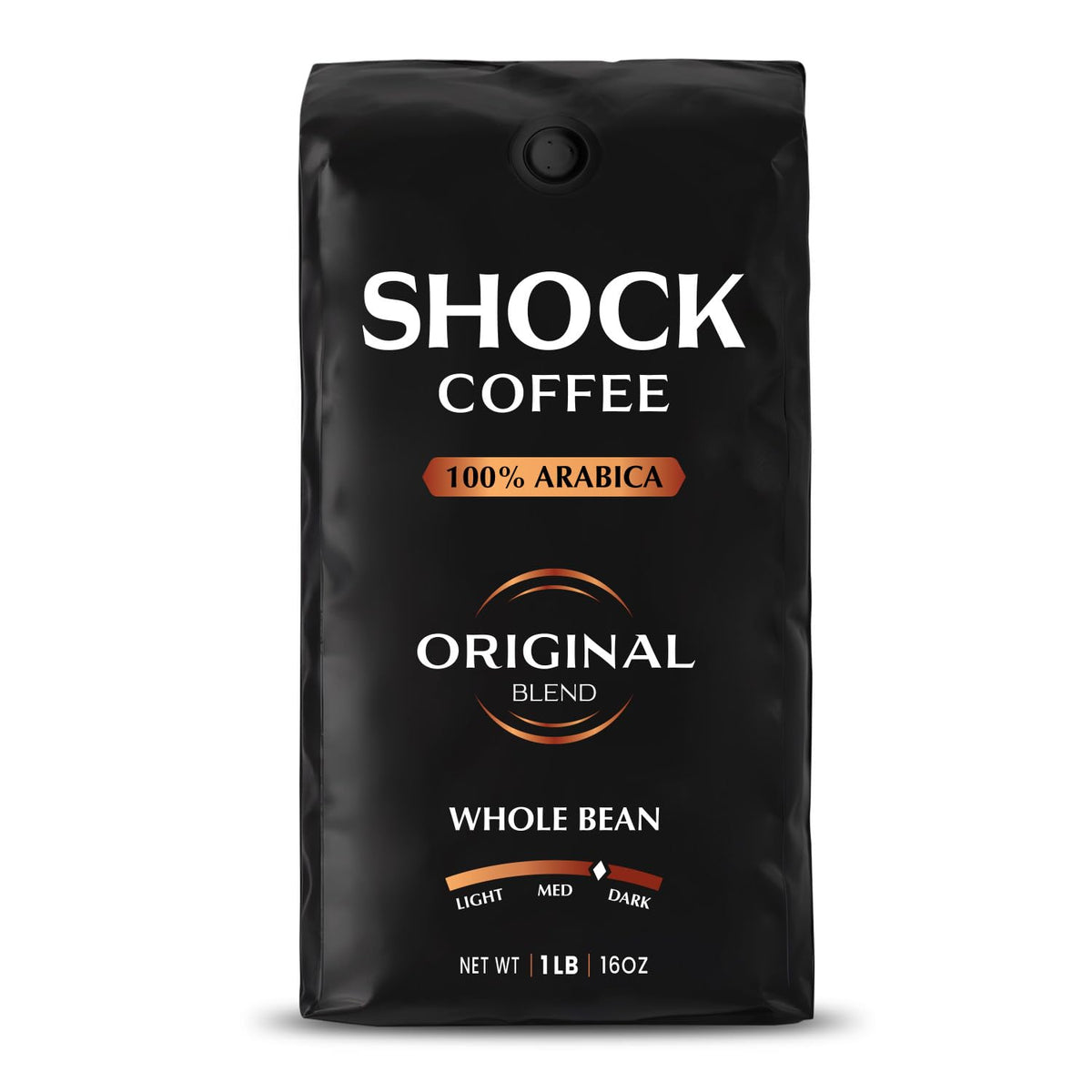 Shock Coffee whole bean 1lb bag ready for fresh grinding and aroma.