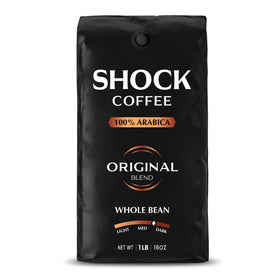 Shock Coffee whole bean 1lb bag ready for fresh grinding and aroma.
