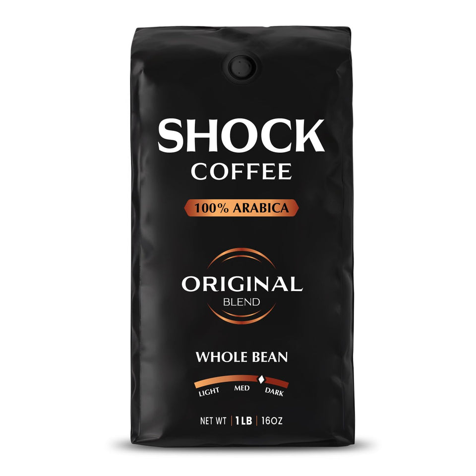 Shock Coffee whole bean 1lb bag ready for fresh grinding and aroma.